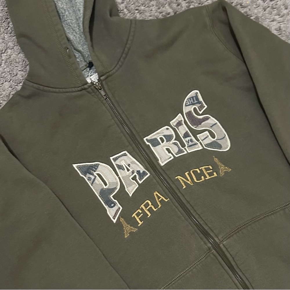 Paris Attitude France Y2K Full Zip Olive Distressed Grunge Novelty Hoodie Sz M
